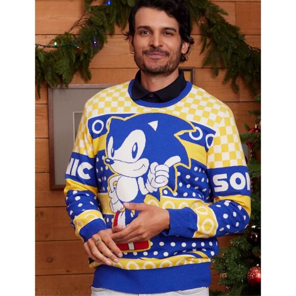 Box Lunch Sonic the Hedgehog Gold Rings Portrait Holiday Sweater New Size Medium - Picture 1 of 7